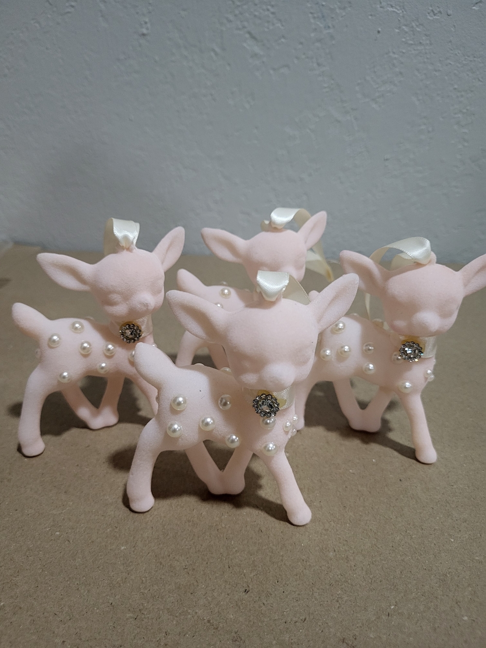 4 Decorative Pink Velvet Fawn Ornaments with Pearl Accents